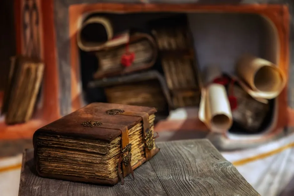 Open leather-bound almanac on a wooden desk beside a wall calendar with today's date circled in ink